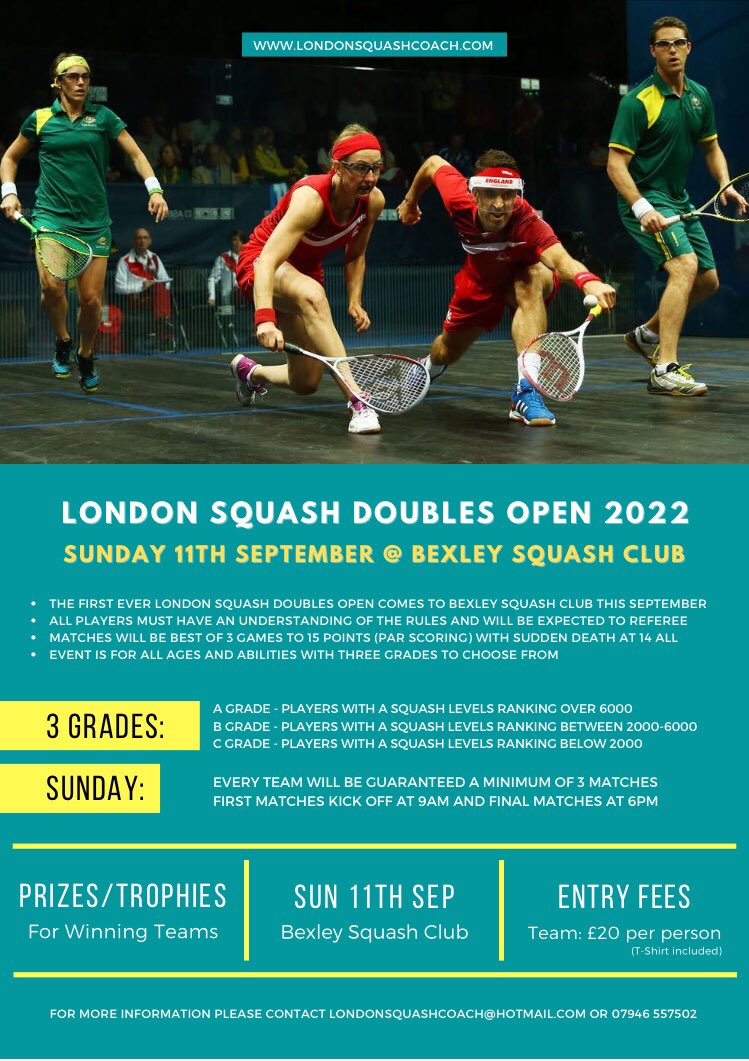 Doubles anyone ? <a href="/englandsr/">England Squash</a> <a href="/SraEssex/">Essex SRA</a> <a href="/EssexSquash/">Essex Blades Squash</a> <a href="/Kent_SRA/">Kent Squash & Racketball Association</a> @SurreySquash <a href="/SussexSquashOrg/">sussexsquash</a> <a href="/MiddlesexSRA/">Middlesex SRA</a> <a href="/sqmatch/">SquashMatch.com</a>