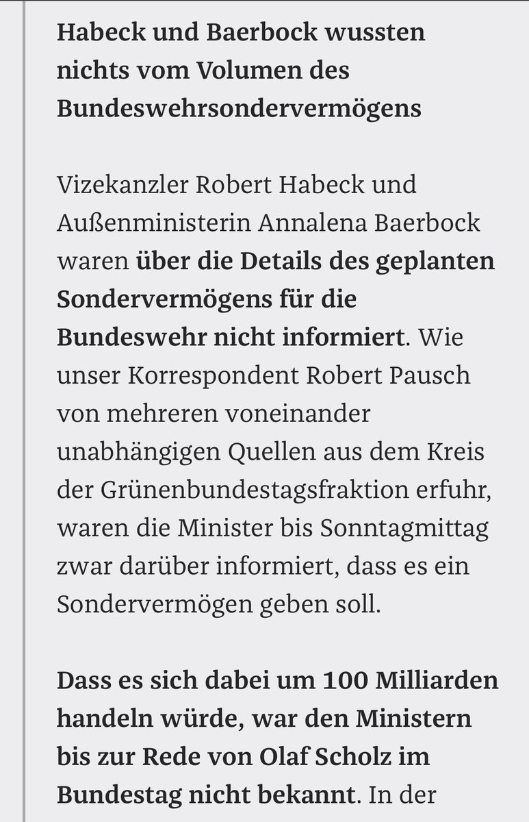 Neu: Nach ⁦<a href="/DIEZEIT/">DIE ZEIT</a>⁩ - Infos wussten Annalena Baerbock und Robert Habeck bis zur Rede von Olaf Scholz nichts vom Volumen des  geplanten Sondervermögens.