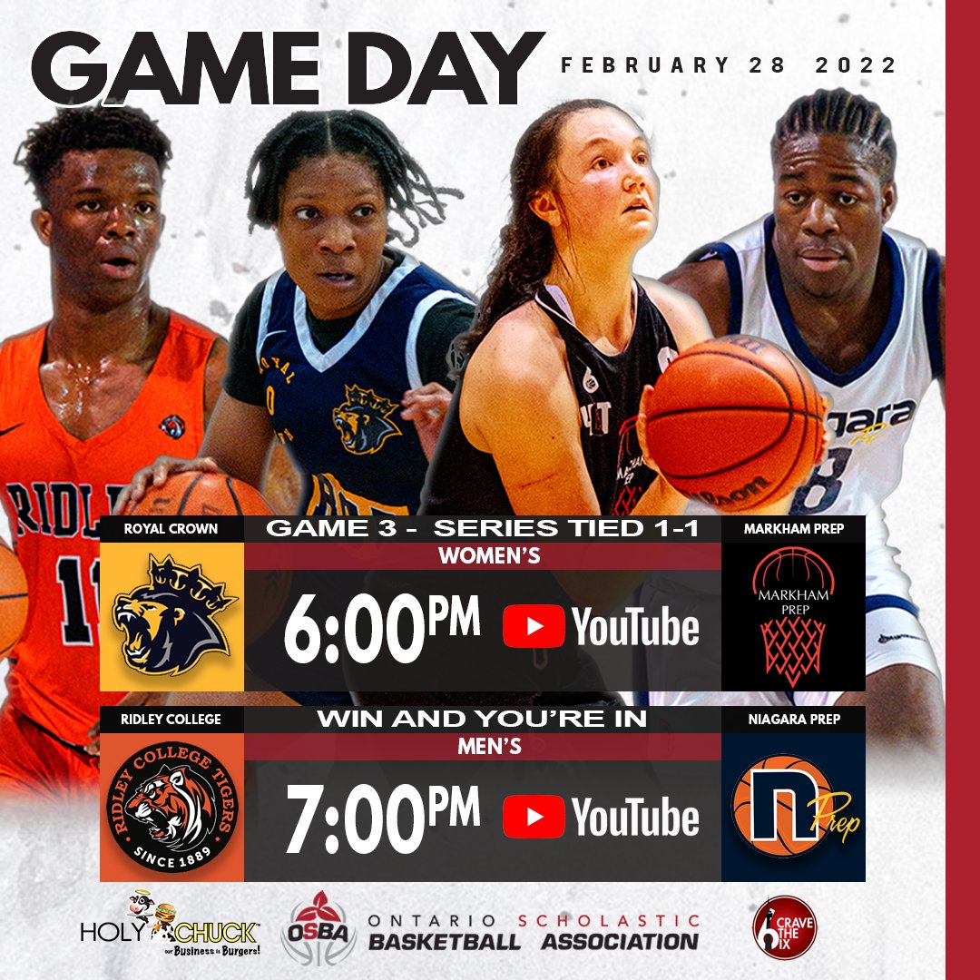 2 spots in the #OSBAFinal8 on the line! 🔥

<a href="/ricbasketball/">Royal Crown Basketball</a> visit <a href="/MarkhamPrep/">Markham.Prep</a> for Game 3 of their three game series, and <a href="/NiagaraPrepMBB/">Niagara Prep Men’s Basketball</a> host <a href="/RidleyHoops/">Ridley Basketball</a>!!

Brought to you by @holychuckburgers &amp; <a href="/cravethe6ix/">cravethe6ix</a>!

Livestreams ➡️ ontariosba.ca/osbatv

#WhereEliteMeet