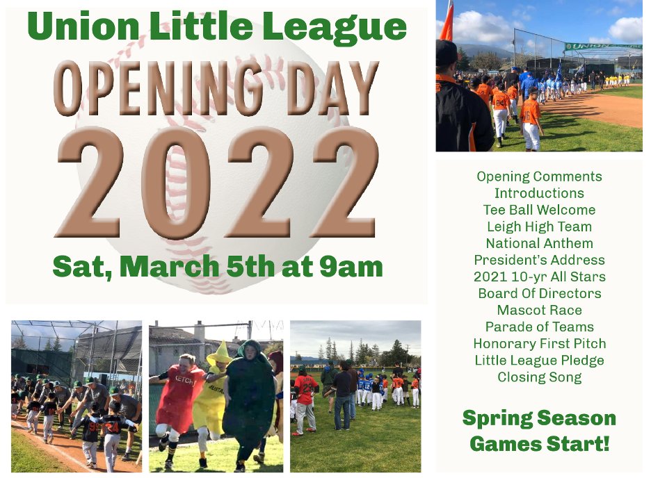 ULLBaseball's tweet photo. Opening Day is this Saturday, March 5. The opening day ceremony starts at 9 AM. Arrive early to ensure time for parking and time to meet your team. Come dressed in your uniform and ready for fun. https://t.co/Pwk5cpCSNQ