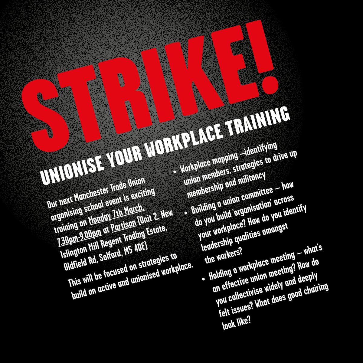 Our 'Unionise your workplace' training event is at <a href="/PartisanCollect/">Partisan Collective</a> on Monday 7th March, 7.30pm-9.00pm.

This will include:

-Workplace mapping
-Building a union committee
-Holding a workplace meeting 

Please reply or DM if you're interested in coming along!
