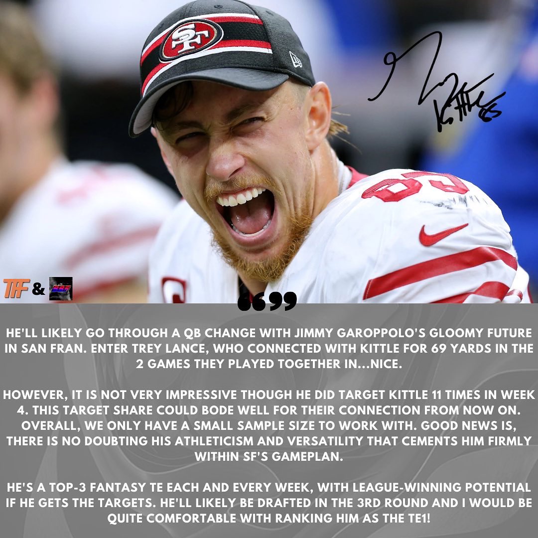 TFFPhilip's tweet image. What are your thoughts on George Kittle for 2020? @gkittle46 
—
💻 @TFFPhilip 
✏️ @bigballafantasy on IG
—
#nfl #fantasyfootball #49ers #georgekittle #treylance #jimmygaroppolo