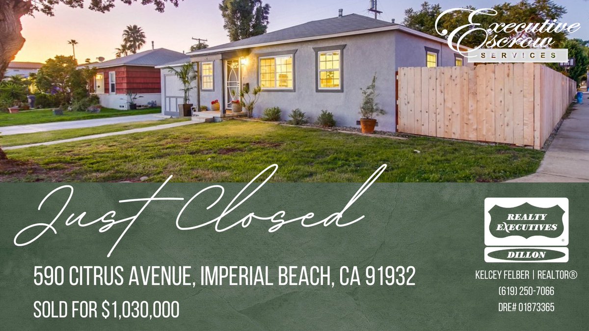 ExecEscrow's tweet photo. Thank you to Kelcey Felber for allowing us to take care of her transaction!!😊🙌

Kelcey Felber – Realtor®
(619) 250-7066
DRE# 01873365

Executive Escrow Services
Amanda Gomez | Nicole Young
619.489.5612

#ExecutiveEscrowServices #Escrow #ThankYou  #RealtyExecutivesDillon https://t.co/vHMn1DjMui