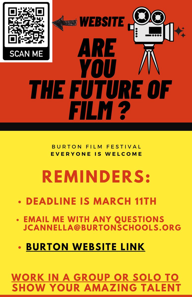 Let’s do this!!! Burton Film Festival Reminders!!! @BurtonSchools @lovatoBSDVAPA @mrs_plombardi @btorres78 @KStinson603 @MrsBoudreauxWRB @ChastityLollis @SummitHS_Bears @scamathew @Guerrerotweets @CaseyRangelBSD