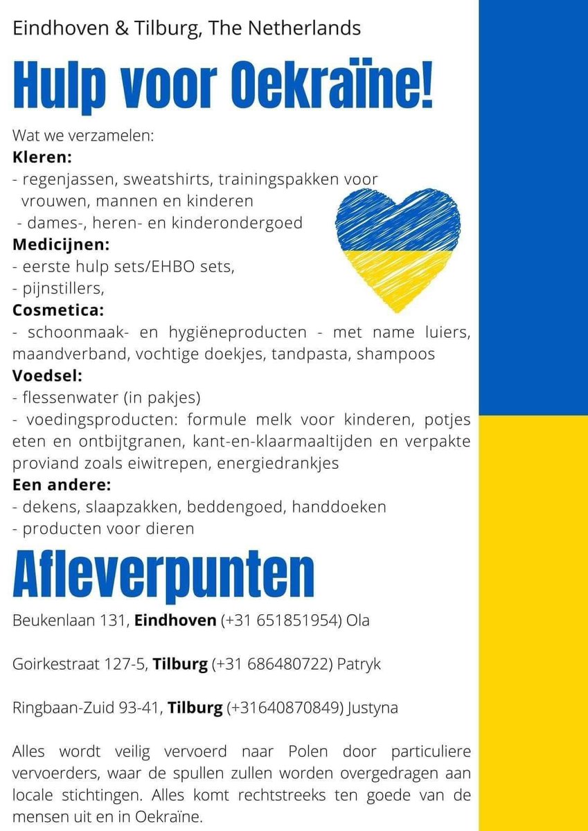 Ik ben bereid om morgen een paar keer naar Eindhoven te rijden met spullen voor #Oekrainers ❤️ lever vooral warme kleding in bij <a href="/opjeplaets/">opjeplaets</a> te Helmond