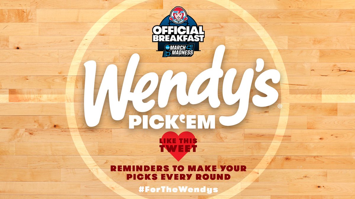 Wendys's tweet photo. Wendy’s Pick ‘Em is BACK, baby! 

Hit the ❤️, and we’ll hit you up when it’s time to make your picks for EVERY round of March Madness. 

Winning picks win sweet deals, so Choose Wisely #ForTheWendys https://t.co/7l8jasWATw