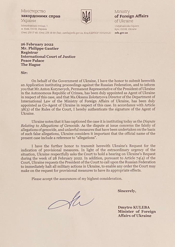 In light of the extraordinary urgency of the situation, we respectfully ask the International Court of Justice to hold a hearing on Ukraine’s request as soon as possible and call upon Russia to immediately halt all military activity in Ukraine.