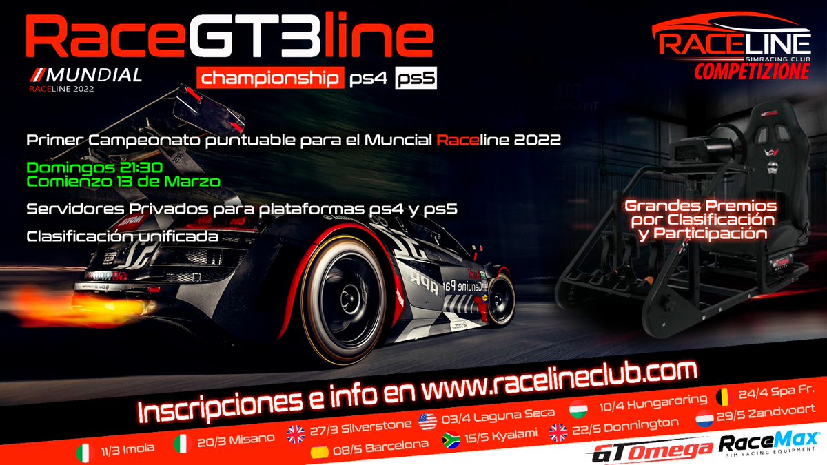 Ahora es el momento, abrimos inscripciones para nuestro próximo campeonato en ACC version ps4 y version ps5. No esperes mas y únete a la comunidad con lo mejores premios en consola para optar a ganar un cockpit <a href="/GTOmegaRacing/">GT Omega</a> simplemente por participar. 

racelineclub.com/racegt3line