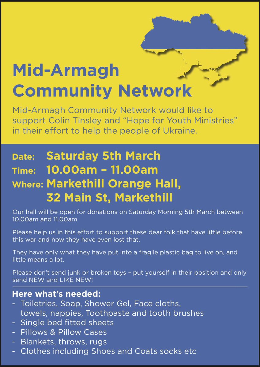 If you can help in anyway please drop off any items on Saturday morning 10-11am in Markethill Orange Hall 🇺🇦💛💙