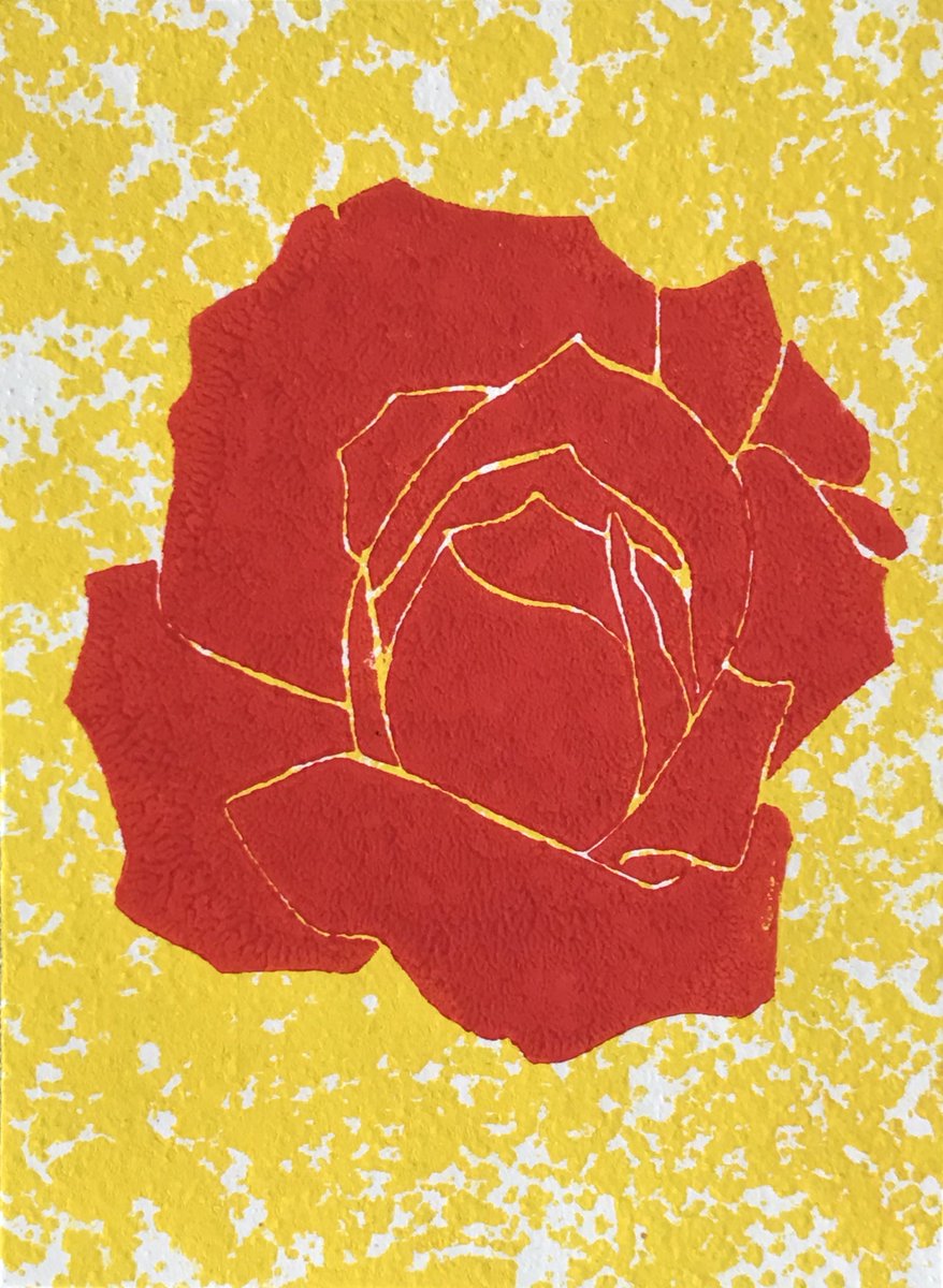 Gingerbeer0's tweet photo. My contribution for @twitrartexhibit #TAE22 @encephalitis “Red Rose on Yellow Leaves” 2 plate linocut print. Posted from Australia. https://t.co/mPFaocQT9n