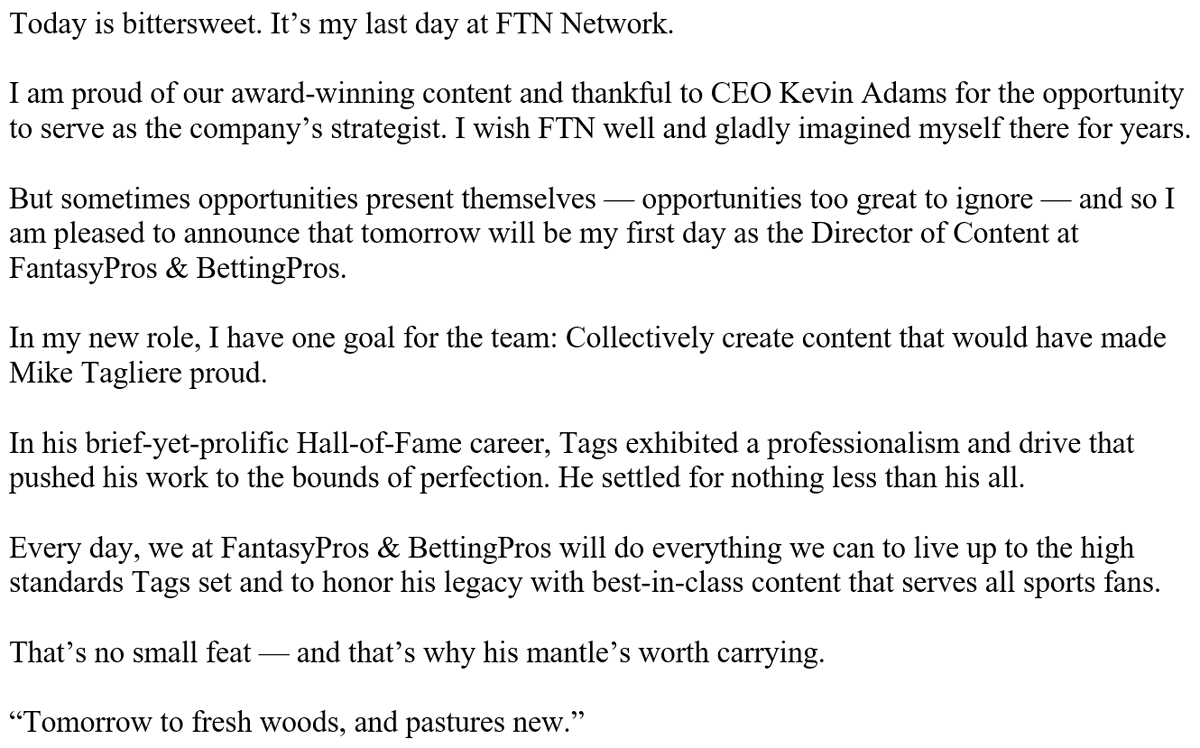 MattFtheOracle's tweet photo. Life Update: I have accepted the position of Director of Content at @FantasyPros &amp; @BettingPros. https://t.co/GWZSJs6Gf3