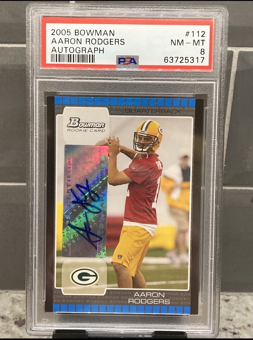 BigBrookens's tweet photo. Bowman RC AUTO Aaron Rodgers 

PSA 8 - $3600 (POP 6)

Extremely rare rookie auto with a clean signature. RT’s appreciated!
@sports_sell @TheHobby247 @HobbyConnector @Hobby_Connect https://t.co/hVNw8h7Hmo