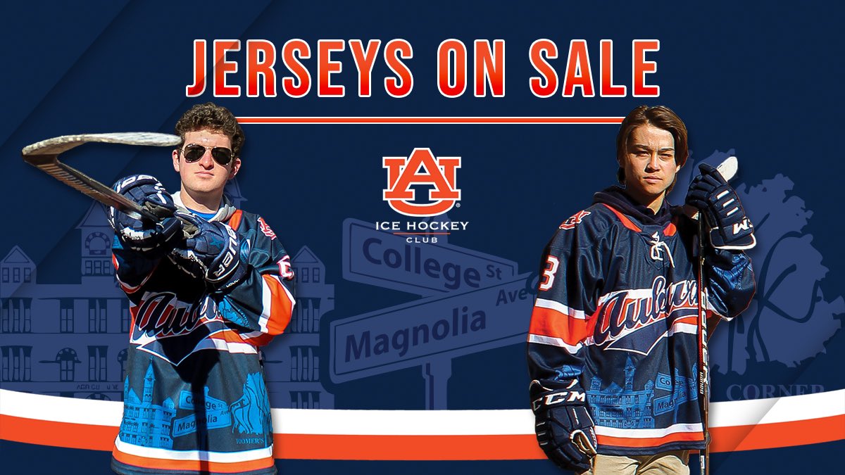 AuburnHockey's tweet photo. We’re all about celebrating traditions that are uniquely Auburn. Introducing our new jerseys featuring designs from iconic places from the Plains. These are on sale now from the link in our bio. #WarDamnHockey #EverythingSchool https://t.co/3P0jCkqv7O