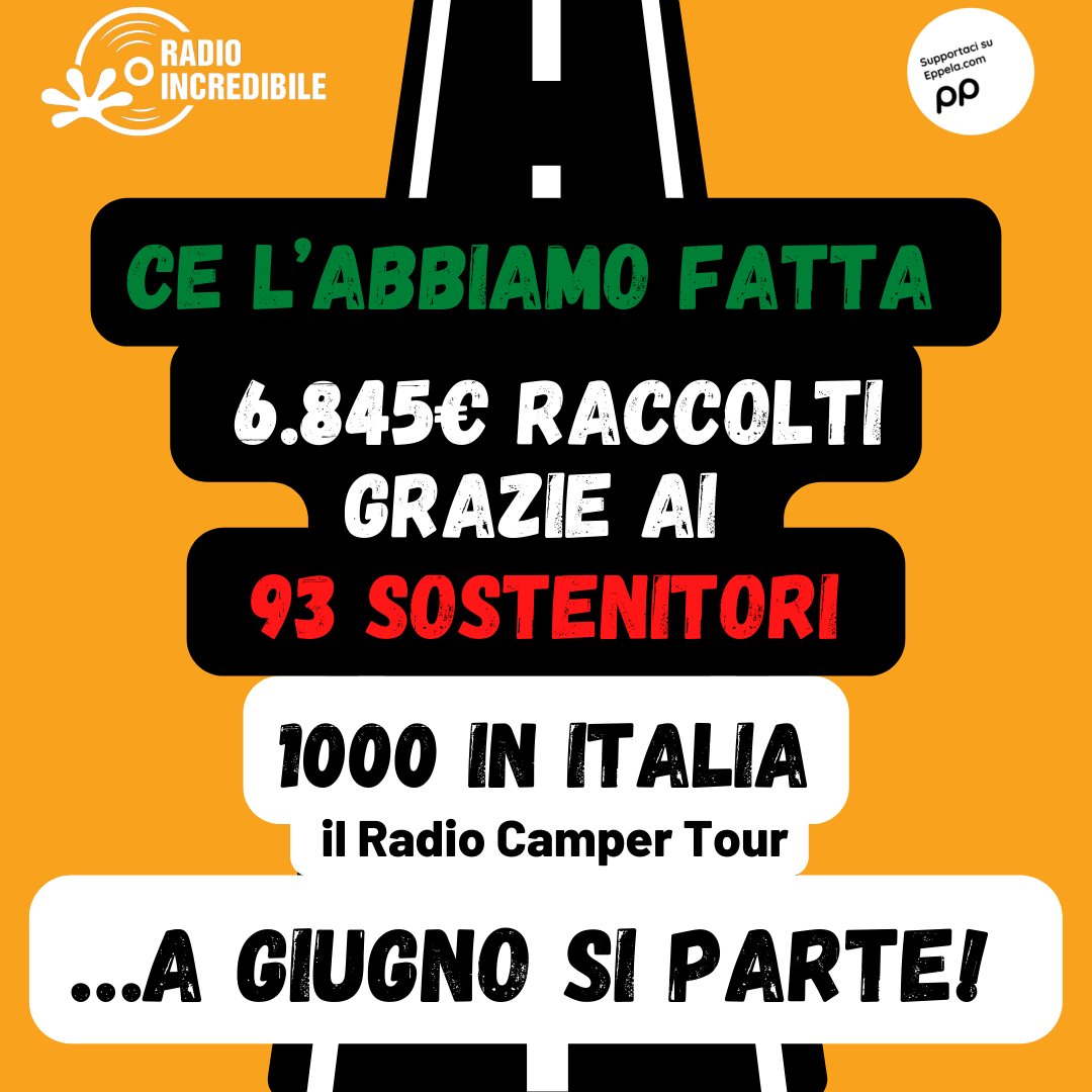 Traguardo dei 5.000€ raggiunto e superato! 
Abbiamo raccolto 6.845€ in 40 giorni!
Davvero GRAZIE ai 93 sostenitori che hanno sostenuto il nostro progetto! #milleinitalia <a href="/Eppela_IT/">Eppela</a> <a href="/FondazioneCRT/">Fondazione CRT</a>