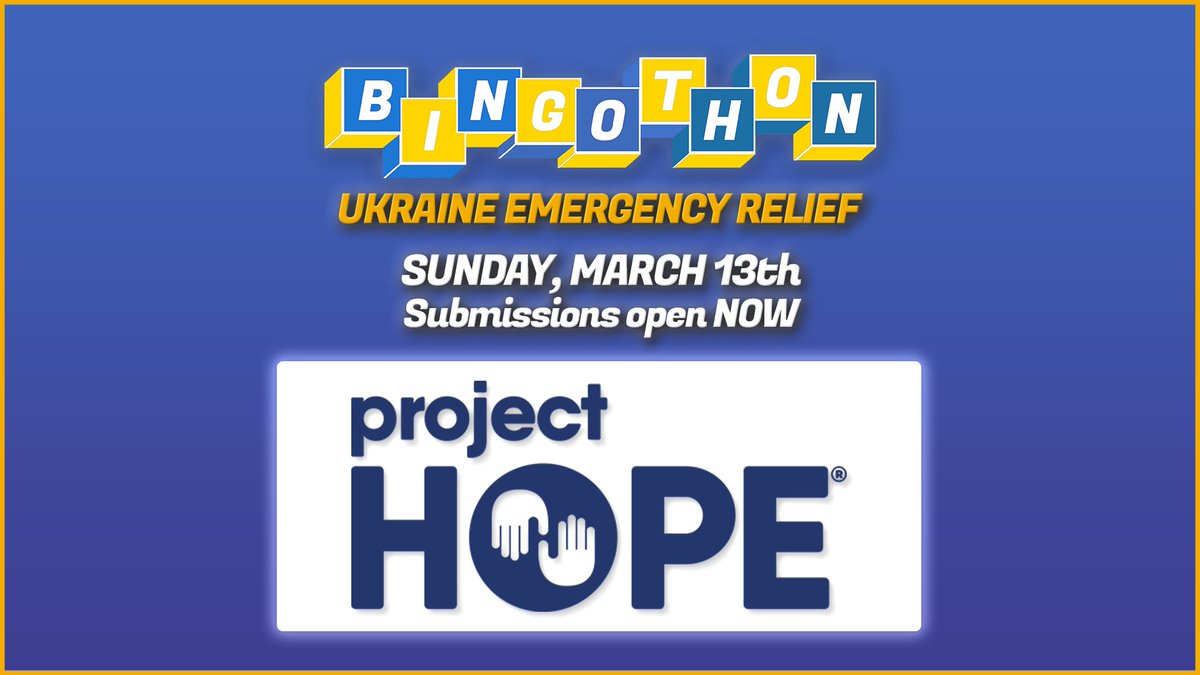 bingothon's tweet photo. 🚨 ANNOUNCEMENT 🚨

#Bingothon is back with an urgent one-day marathon in aid of Ukraine and its people with Bingothon Ukraine Emergency Relief.

📅 KEY DATES 📅

📝 Submissions: NOW until March 6th

🏃 Marathon: March 13th

🎮 Charity: @projecthopeorg 

https://t.co/ZcqtKDkWDP https://t.co/uwVO0jQ2sH
