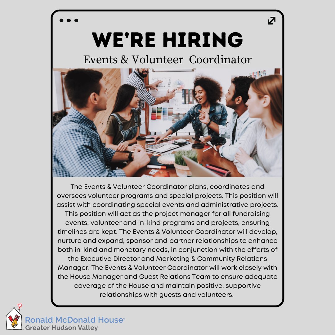 We are hiring! Come join a team of dedicated professionals as we push to make the lives of children and their families better and easier during their time of crisis.

Read More: bit.ly/2YX4uQk

#rmhghv #keepingfamiliesclose