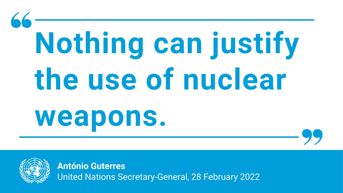 "The mere idea of a nuclear conflict is simply inconceivable.

Nothing can justify the use of nuclear weapons."

-- <a href="/antonioguterres/">António Guterres</a> at #UNGA special session on situation in Ukraine. un.org/sg/en/node/262…