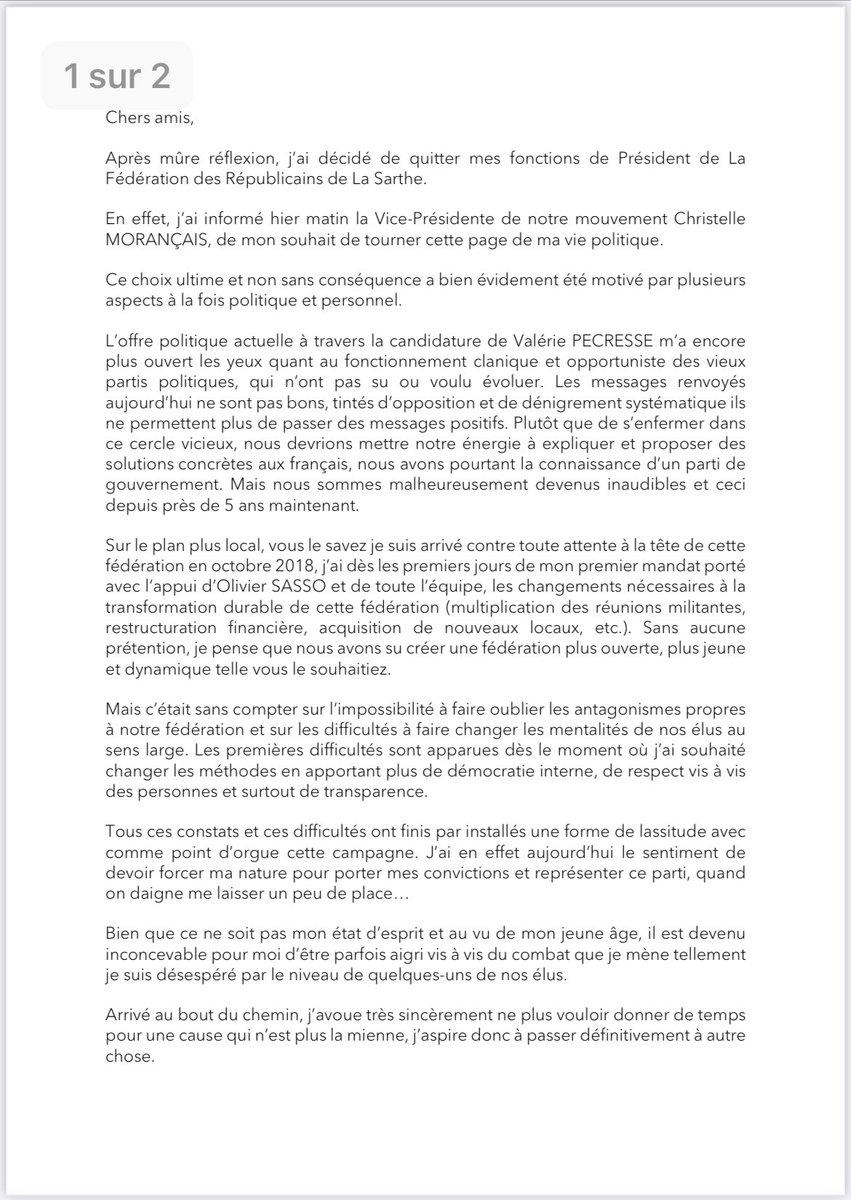 meunier_maxime's tweet photo. Chers amis,

« Après mûre réflexion, j’ai décidé de quitter mes fonctions de Président de La Fédération des Républicains de La Sarthe… » 📄⤵️

#LesRépublicains #Sarthe #Présidentielles2022 https://t.co/g1aTbsMhGo