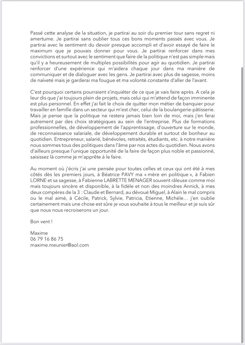 meunier_maxime's tweet photo. Chers amis,

« Après mûre réflexion, j’ai décidé de quitter mes fonctions de Président de La Fédération des Républicains de La Sarthe… » 📄⤵️

#LesRépublicains #Sarthe #Présidentielles2022 https://t.co/g1aTbsMhGo