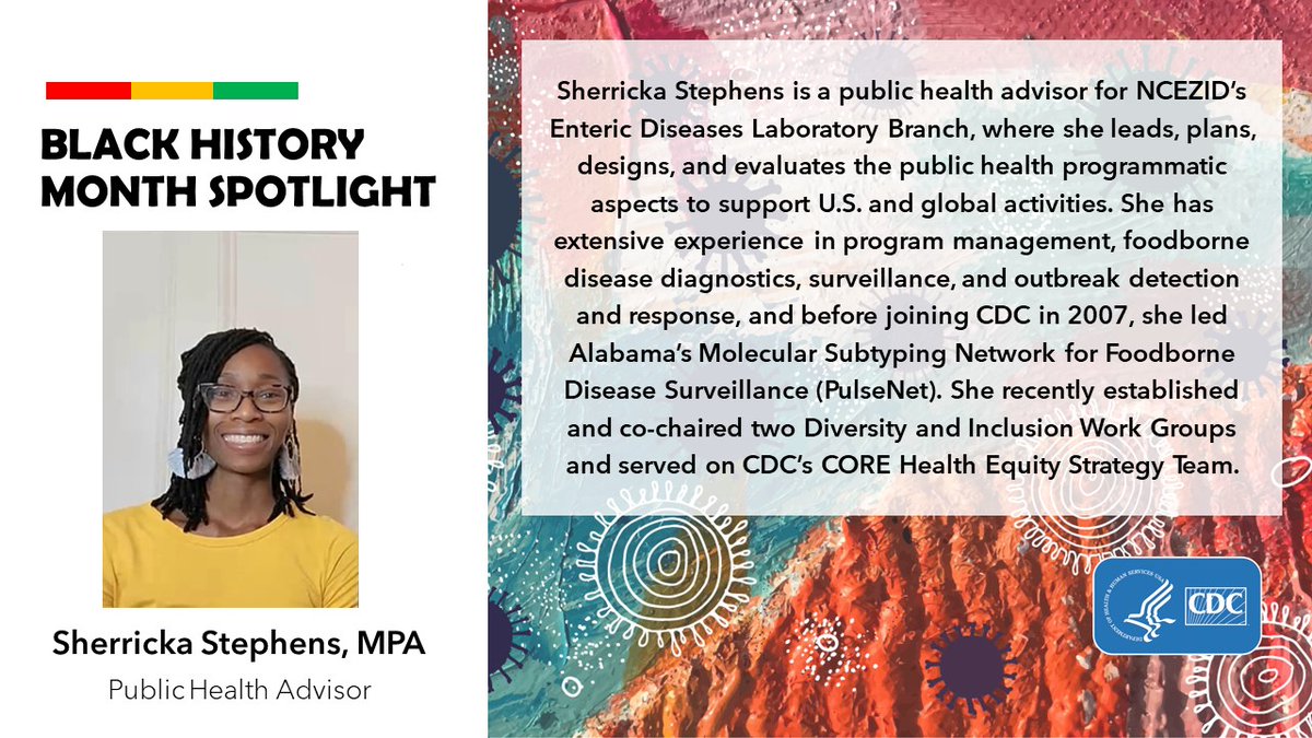 CDC_NCEZID's tweet photo. During #BlackHistory Month, we're spotlighting a few of the many CDC luminaries who are making valuable contributions to #InfectiousDisease work. We’re proud of the history you’re making right now. Today we spotlight DFWED Public Health Advisor Sherricka Stephens. https://t.co/jk7AMtOMDL