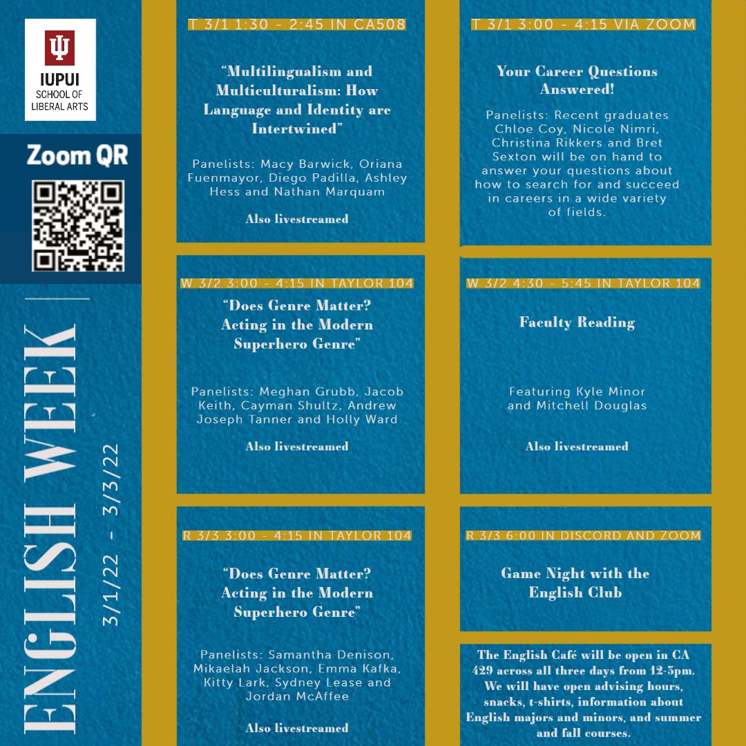 Hey <a href="/IUPUI/">IUPUI</a> English Week starts tomorrow! <a href="/iupui_english/">The Department of English @ IUPUI</a> will be hosting the English Week Cafe in CA429 from 12-3 right next to the UWC plus there's panels and conversations that illustrate the flexibility and timeliness of an English degree. #english #iupui #iupuienglish
