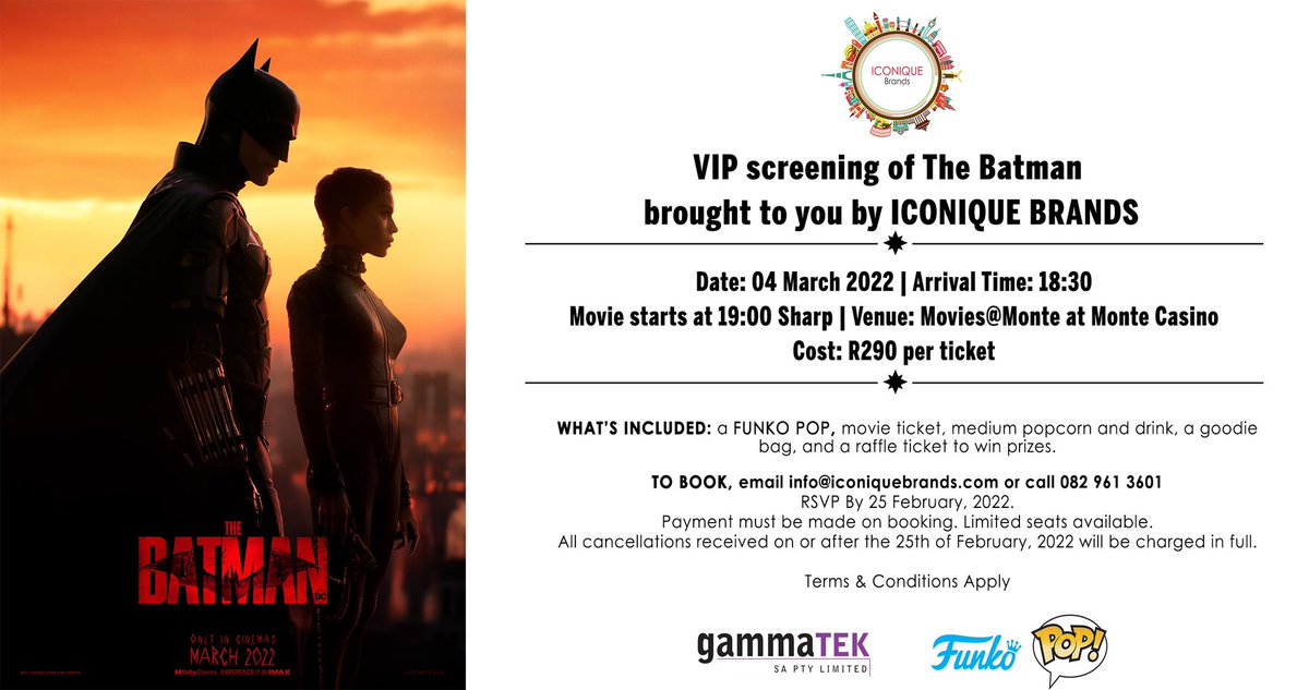 Win 2 x VIP Tickets to watch The Batman on Friday 4 March, Monte Casino at the VIP screening event hosted by Iconique Brands!
Post a 🦇 emoji under our latest post on Instagram and make sure you’re following Iconique Brands on Instagram. Winner announced on Wed! <a href="/GiveawayGoat/">T𝗵𝗲 𝗚𝗼𝗮𝘁</a>