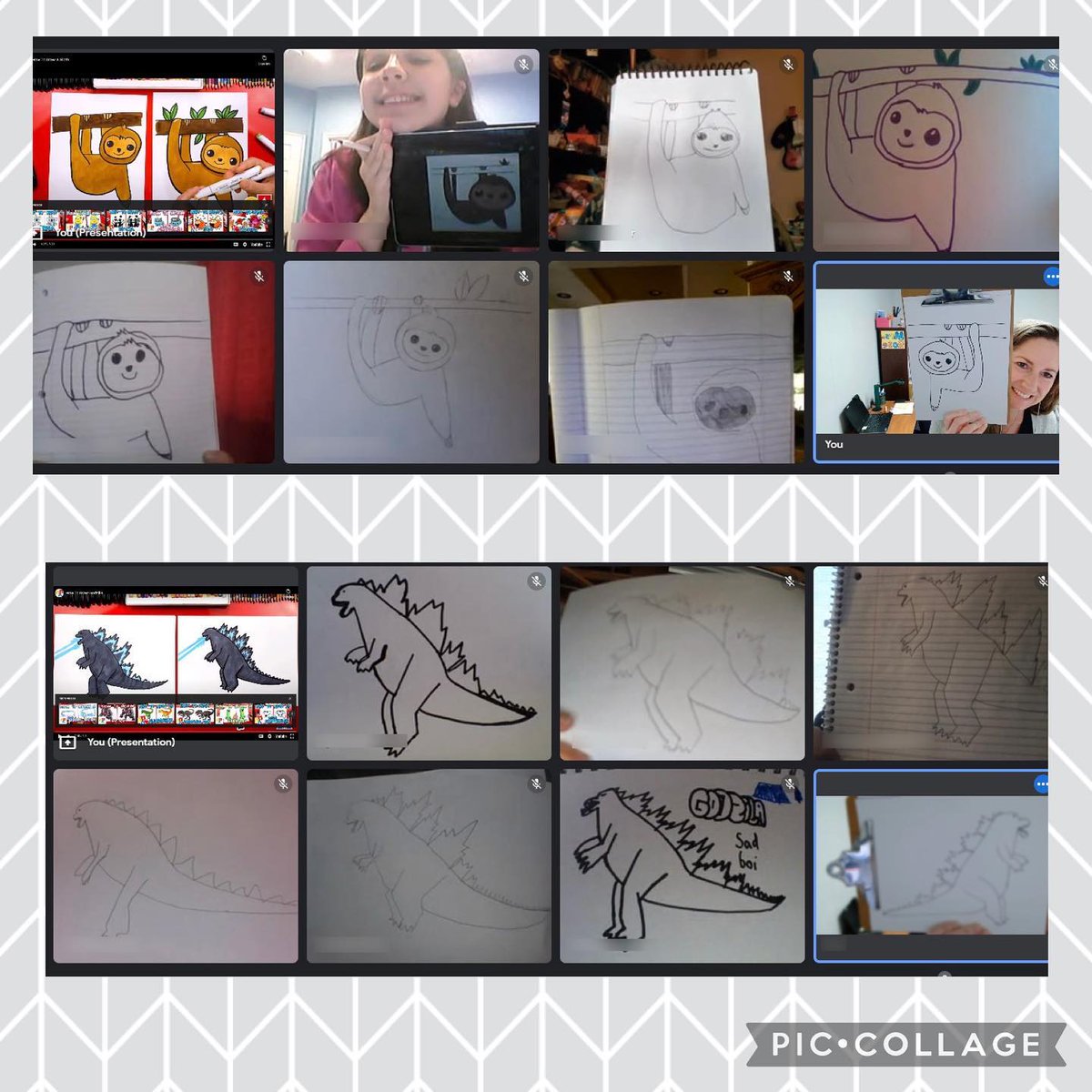 scvams's tweet photo. Sloths and Godzillas… two opposite creatures but equally enjoyable to draw. We love seeing our students’ artistic abilities during our daily Google Meets. https://t.co/TC6jzmGvPv