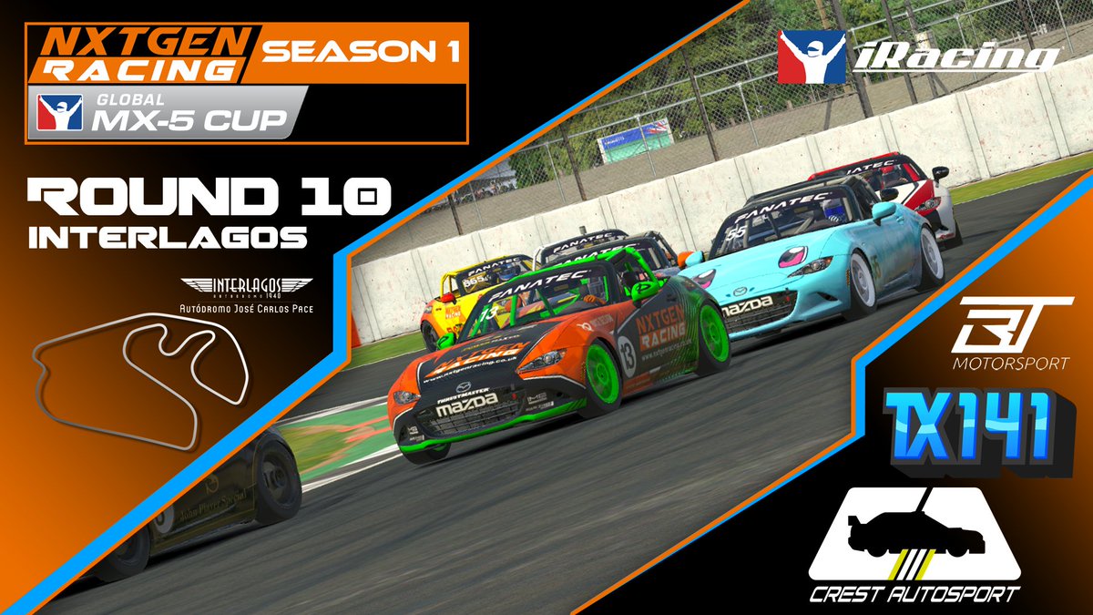 nxtgen0fficial's tweet photo. We are back tonight for Round 10 of the NXTGEN Racing MX-5 Cup as brought to you in collaboration with Crest Autosport! This week we head to Interlagos
#PMR #fastr #Thrustmaster #simgrid #JoyceDesignย #MarkSykesDesigns #nextlevelracing
#IMBracewear #powermaxedracing
#motorsport https://t.co/qta91FfWNm