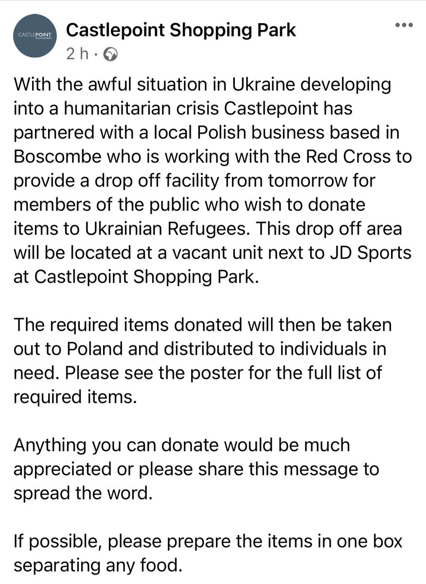 shinybluedress's tweet image. Screens shots from Castlepoint Shopping Centre page on Facebook 
#ukraine #Donations #dropoffpoint #bournemouth #dorset