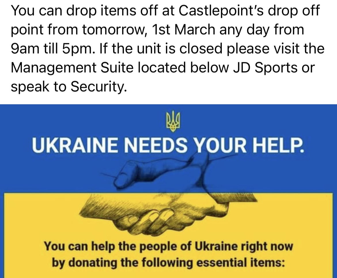 shinybluedress's tweet image. Screens shots from Castlepoint Shopping Centre page on Facebook 
#ukraine #Donations #dropoffpoint #bournemouth #dorset