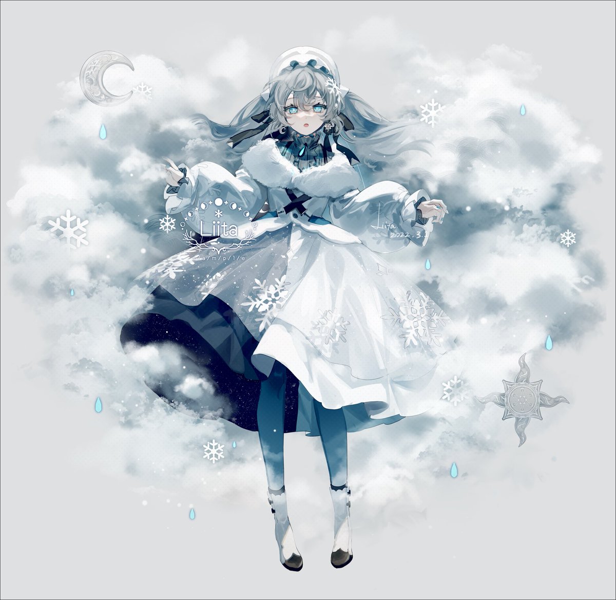 1girl solo dress snowflakes white dress pantyhose grey hair  illustration images