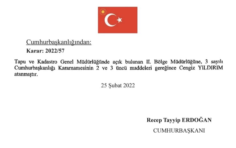 SAYIN DR. CENGİZ YILDIRIM; 25.02.2022 TARİHLİ CUMHURBAŞKANLIĞI KARARNAMESİ İLE TAPU VE KADASTRO II. (İSTANBUL) BÖLGE MÜDÜRÜ OLARAK ATANMIŞTIR.
Haber Linki : tkgm.gov.tr/istanbul-bm/sa…