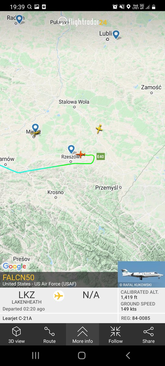 Reidstasy's tweet photo. #AvGeek USAF Falcon out of UK and Bombardier 300 out of Berlin converging on #RZE in Poland. https://t.co/fwl2EOF2zD