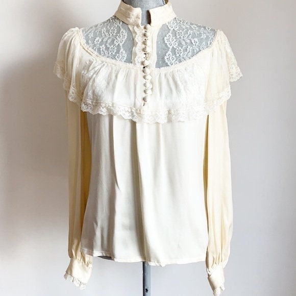 Excited to share the latest addition to my #etsy shop: Vintage Gunne Sax Jessie’s Gunnies lace and satin blouse etsy.me/3HyrhCq #white #m #lace #buttons #satin #communevintagethrift