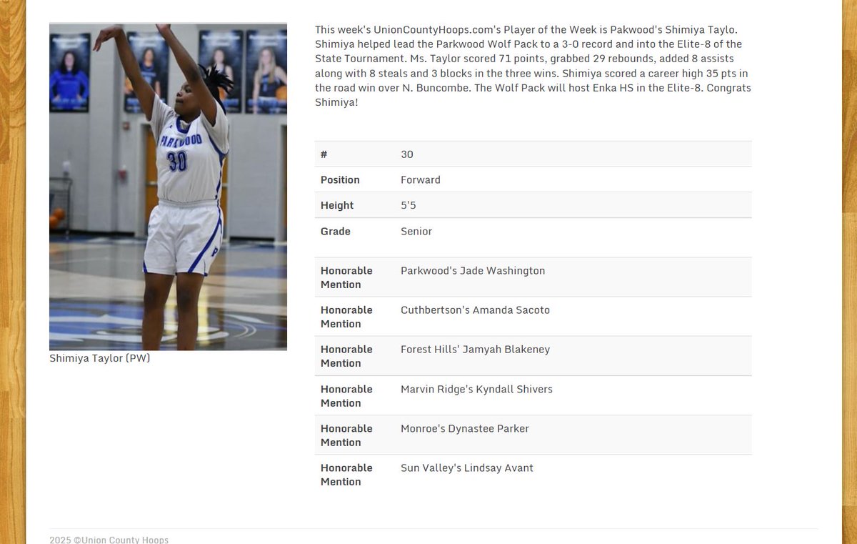 The Week 14 UCHOOPS Girls Player of the Week is 
Parkwood's Shimiya Taylor!!
<a href="/pwhsgrlsbball/">Parkwood Lady Wolf Pack Bball</a> @PWHSathletics <a href="/ParkwoodHSNC/">Parkwood High School</a> 
<a href="/shimiyataylor/">shimiyataylor</a> 
UnionCountyHoops.com