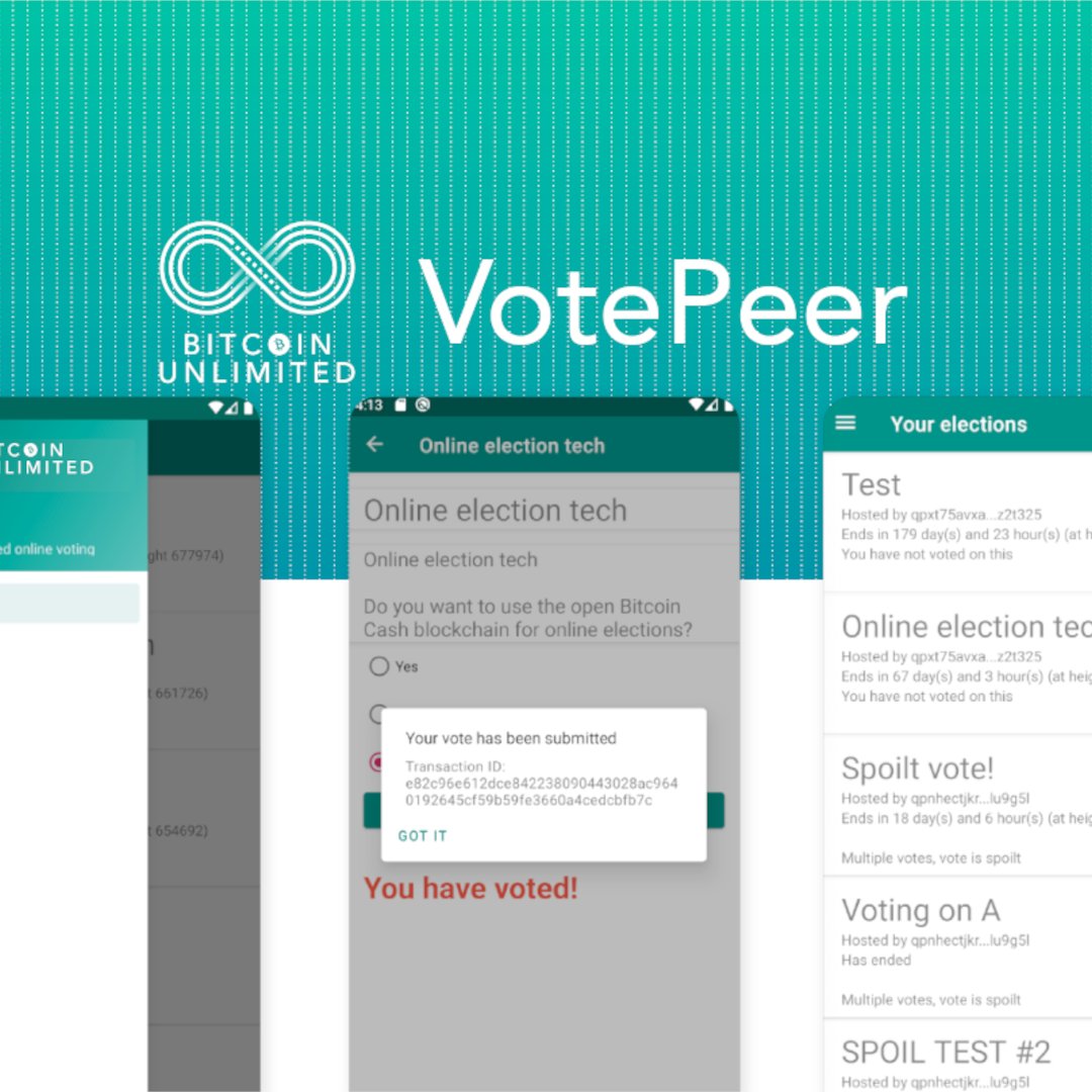 <a href="/VotePeer/">votepeer</a> creado por los desarrolladores de Bitcoin Cash (BCH) Dagur y jQrgen han creado un simple sistema de votación entre dos opciones usando un contrato inteligente que corre sobre la red de Bitcoin Cash Existe una versión de la aplicación disponible para dispositivos Android