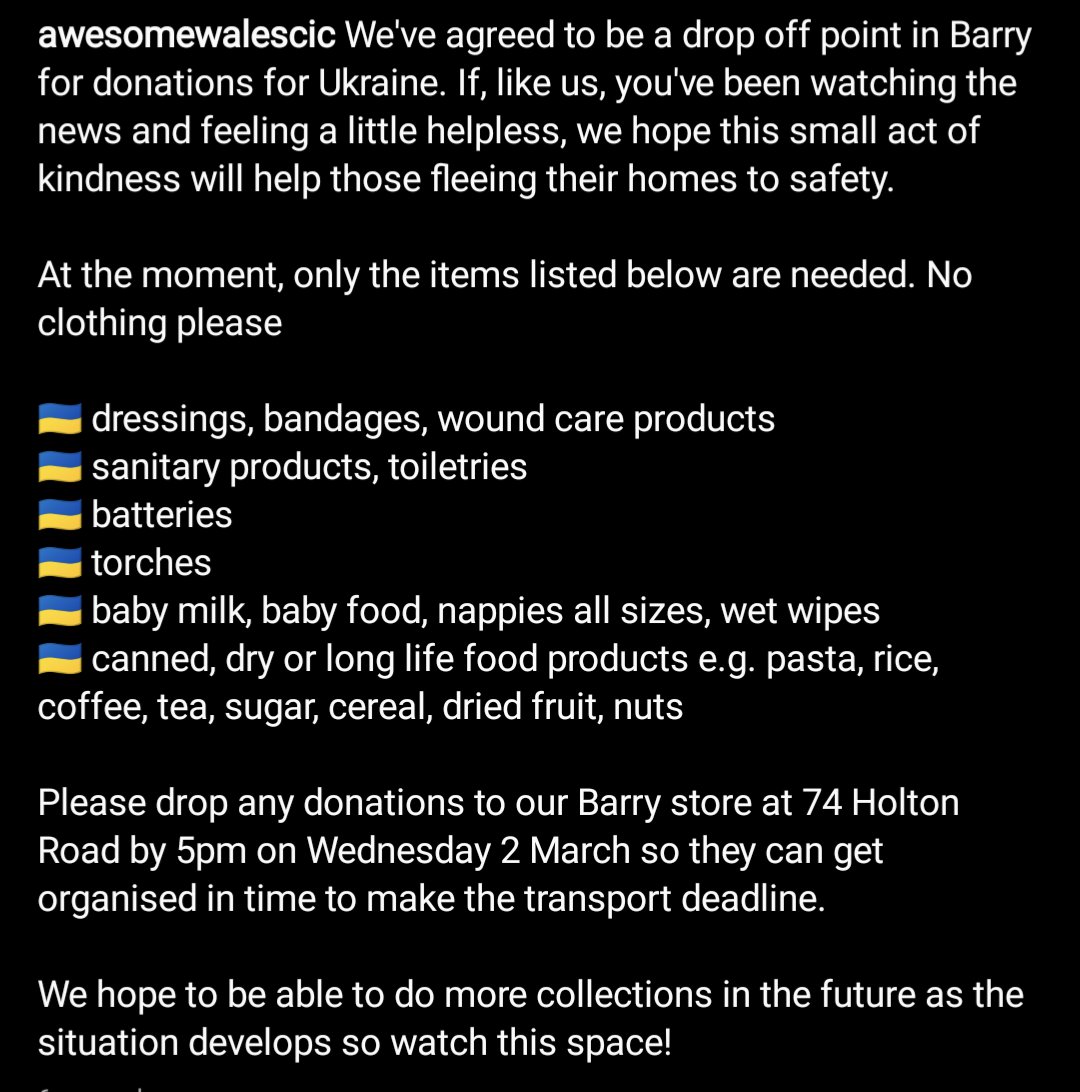 We've agreed to be a drop off point in Barry for donations for #Ukraine. If, like us, you've been watching the news and feeling a little helpless, we hope this small act of kindness will help those fleeing their homes to safety 🇺🇦

Please check images for requested items
