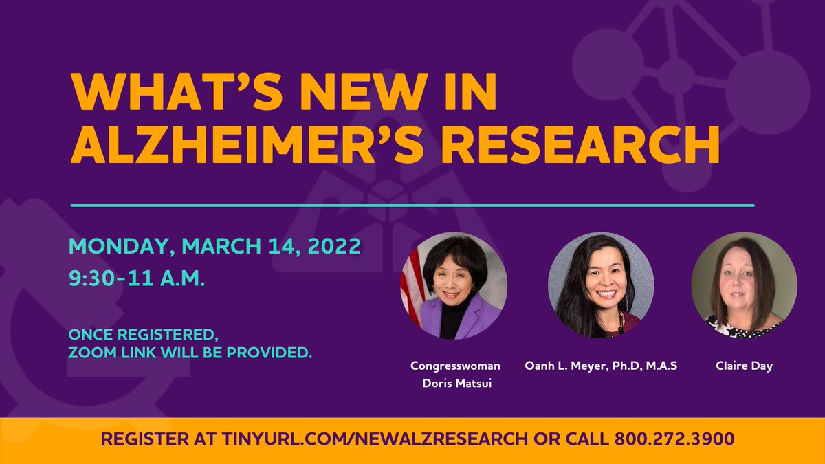 A group of Alzheimer's Association volunteer advocates with special guest Congresswoman Doris Matsui are hosting a presentation on the latest research into Alzheimer's on March 14, 2022 from 9:30 to 11:00 AM pacific time. Please join us. <a href="/DorisMatsui/">Rep. Doris Matsui</a> <a href="/AlzNorCalNorNev/">Alzheimer's Association, Northern CA & Northern NV</a>