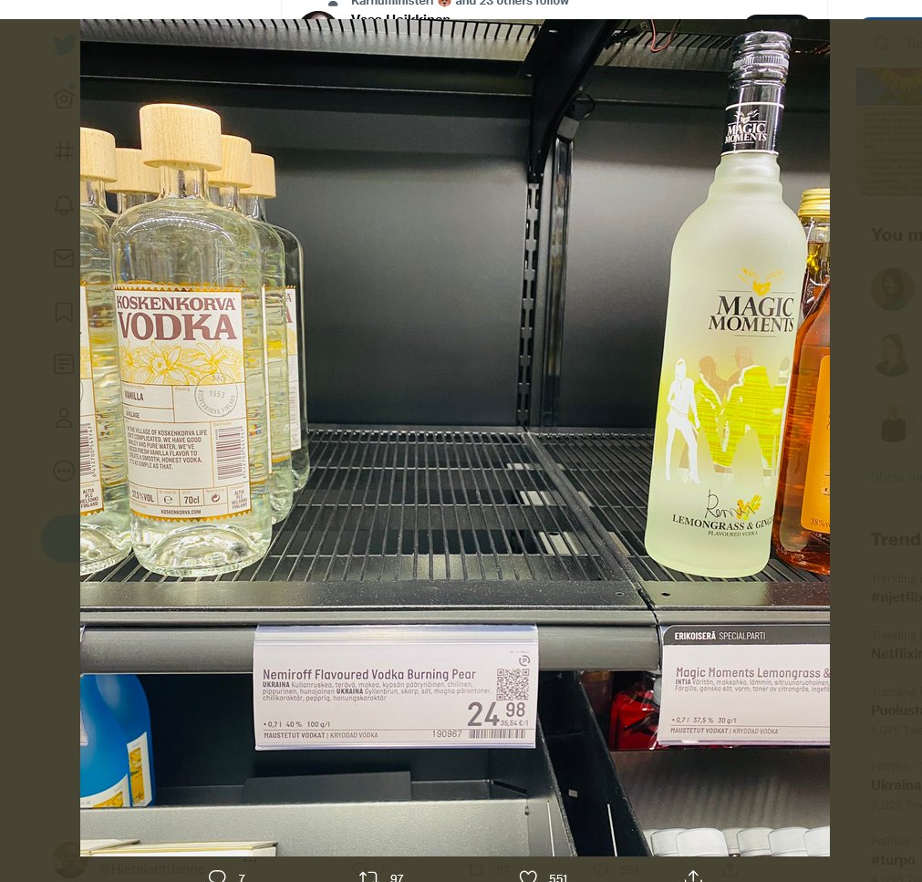 <a href="/IAPonomarenko/">Illia Ponomarenko 🇺🇦</a> Cant help you on that one, we are also sold out on Ukranian vodka. Only RPG:s and assault rifles coming from Finland.