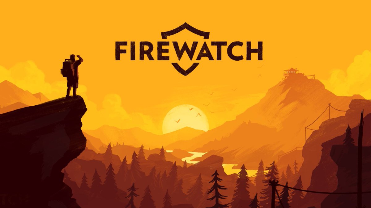 Key art for the video game Firewatch. A hiker stands on top of a rocky outcrop overlooking a forest valley bathed in orange sunlight.
