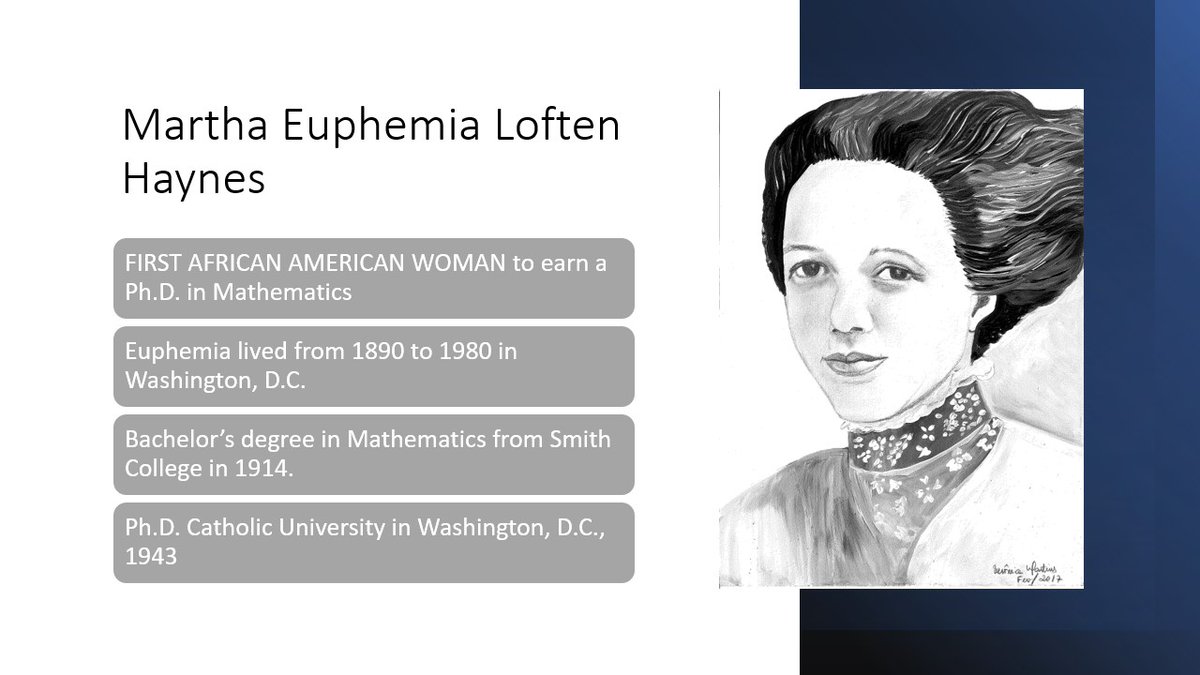 Benjamin Banneker Association (@bbamath) on Twitter photo On this last day of Black History Month, we introduce you to "A First". Dr. Martha Euphemia Lofton Haynes, First African American woman to earn a doctorate degree in Mathematics. #iteachmath #BHM #BHM2022 On this last day of Black History Month, we introduce you to "A First". Dr. Martha Euphemia Lofton Haynes, First African American woman to earn a doctorate degree in Mathematics. #iteachmath #BHM #BHM2022