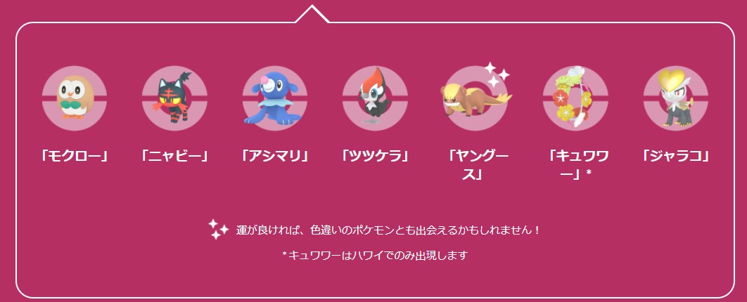 ポケモンgo攻略 Gamewith アローラ地方の地域限定について アローラ地方の地域限定は今のところ キュワワー のみとなっております キュワワーはハワイにて出現するとのことです 現在他情報も含めてまとめております もうしばらくお待ちください