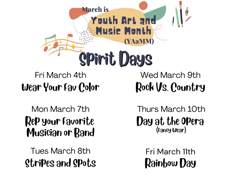 SCES_Resource's tweet image. Youth Art and Music Month starts tomorrow! YAaMM is a month long celebration of all things creative here at Salem! Check out our upcoming spirit days!!! @SCESStars @ccpsinfo @Youthartmonth @CCPSVISARTS @VAartED @robinyohe