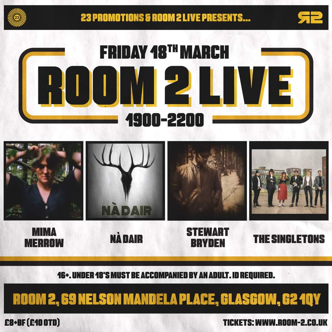 GIG ANNOUNCEMENT:
I'll be playing at this show at Room 2, Glasgow. 
It's myself and Scott Tonner's first acoustic show in a while and what a line-up and venue! 
Thanks to David Blair for asking me to play.
Heres the ticket link.
Hope to see you there.
skiddle.com/whats-on/Glasg…