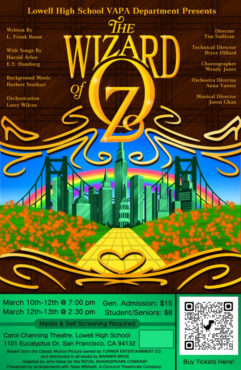 The annual Lowell musical is back! "The Wizard of Oz" runs for five performances, Thursday-Sunday, March 10-13. Evening performances at 7pm Thursday through Saturday; 2:30pm matinees on Saturday &amp; Sunday. Tickets on sale now at bit.ly/OzLowell