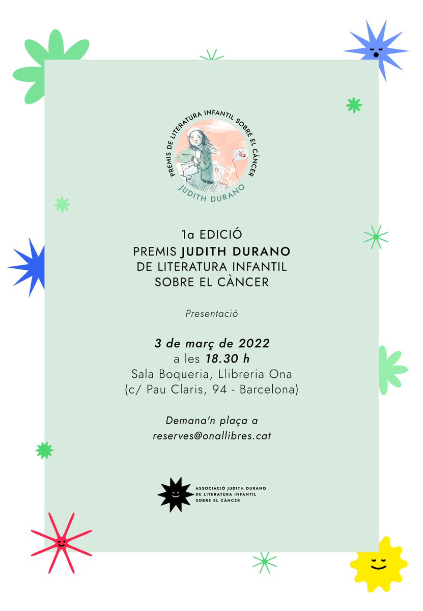 ajuntamentsort's tweet photo. 📢 Ens complau convidar-vos a la presentació dels #PremisJudithDurano de Literatura Infantil sobre el Càncer organitzada per l'Associació Judith Durano 🙌🏻

📅 Dijous 3 - 18.30h
📌 Llibreria @OnaLlibres - c/Pau Claris, 94 (BCN)
👉🏻 reserveu plaça a reserva@onallibres.cat https://t.co/OVJP8JOUdF