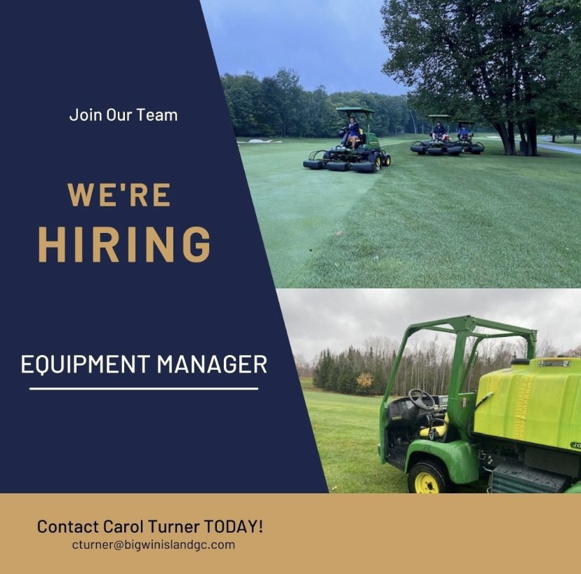 Bigwin Island Golf Club is looking for an Equipment Manager. Come work on an island in beautiful Muskoka Ontario. See more information at bigwinisland.com/careers/