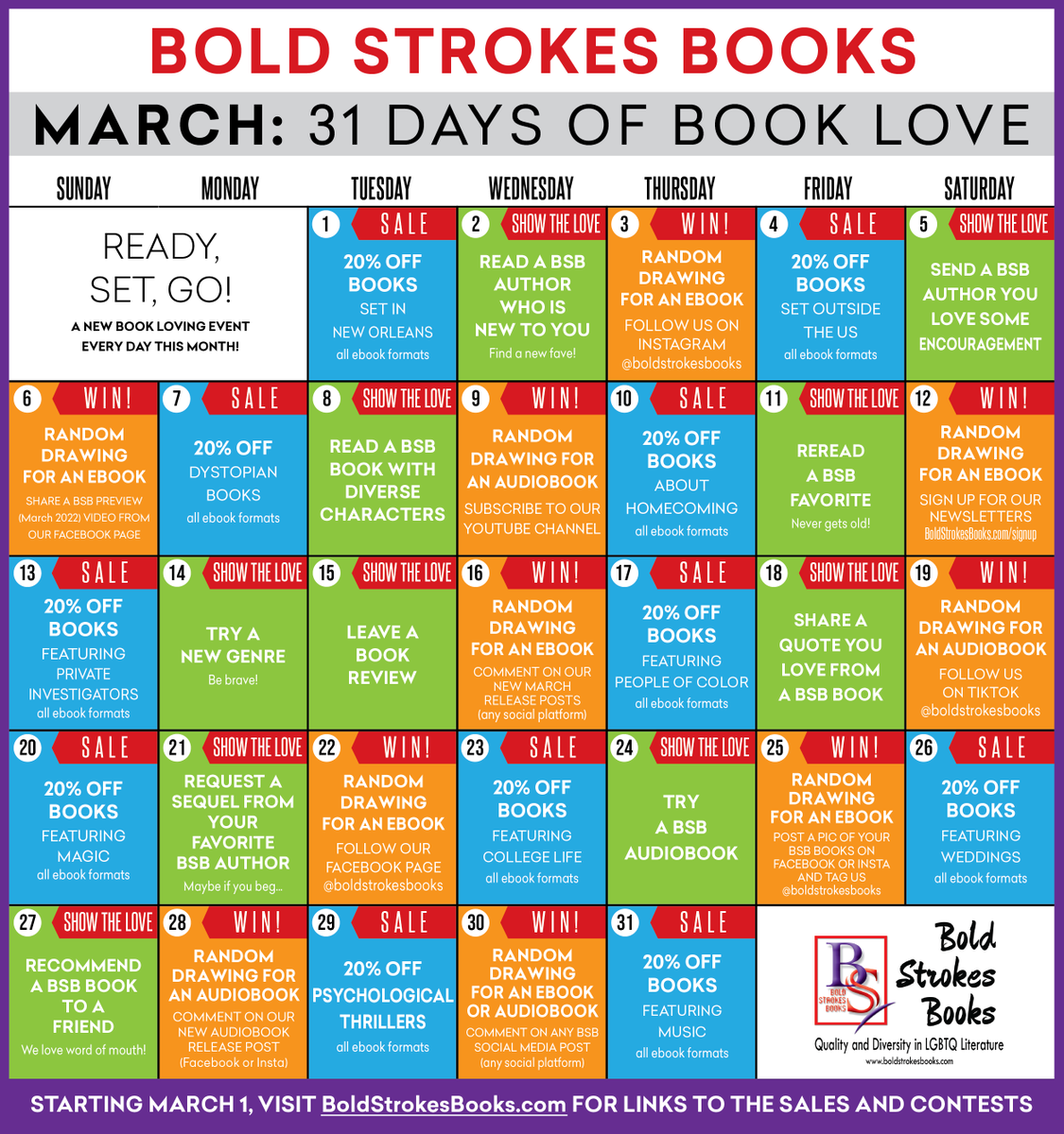 boldstrokebooks's tweet photo. WATCH THIS SPACE FOR 31 DAYS OF BOOK LOVE!

Starting at midnight Eastern tonight, we've got a whole month of daily events coming your way. Check out our webstore and @boldstrokebooks social media daily for links to sales and giveaways. https://t.co/qVRFItgwRQ