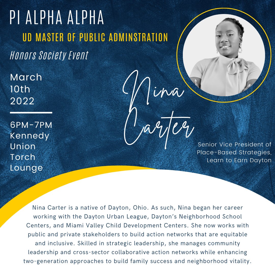 UD Political Science (@udaytonpol) on Twitter photo We are thrilled to have Nina Carter of <a href="/LtoED/">Learn to Earn Dayton</a> as our guest speaker for our upcoming Pi Alpha Alpha honors society event on March 10th. Mrs. Carter's speech is free and open to the public. Please join us! We are thrilled to have Nina Carter of <a href="/LtoED/">Learn to Earn Dayton</a> as our guest speaker for our upcoming Pi Alpha Alpha honors society event on March 10th. Mrs. Carter's speech is free and open to the public. Please join us!