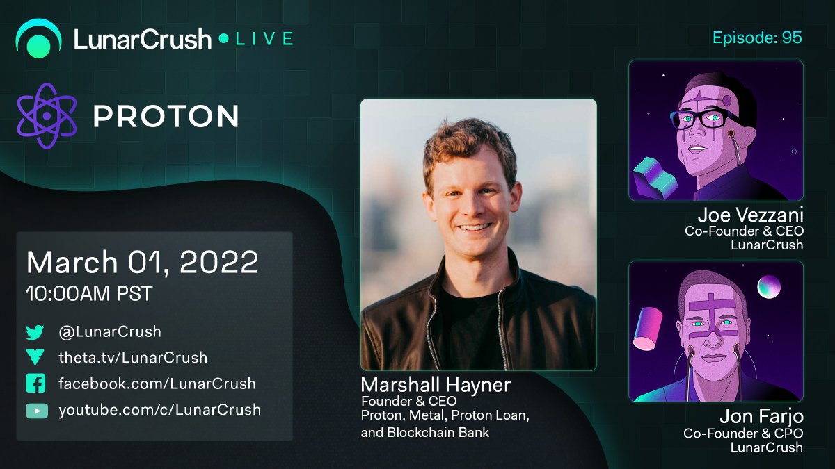 LunarCrush's tweet image. ⏰ New episode of LunarCrush Live! airs tomorrow, March 1st, at 🔟AM PST.

We'll be joined by @MarshallHayner, Founder &amp;amp; CEO of @ProtonXPR. Join our conversation live as we discuss $XPR and chat about community engagement.

📺 Stream on @LunarCrush + youtu.be/KmdpQoIAdh0